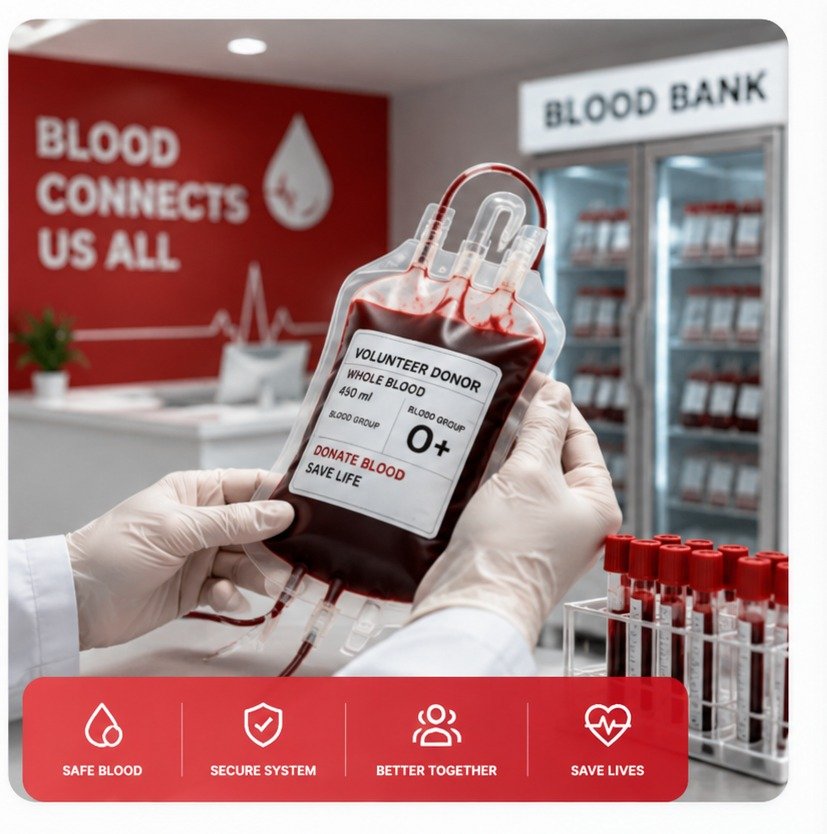 Blood bank professional handling a donated blood unit